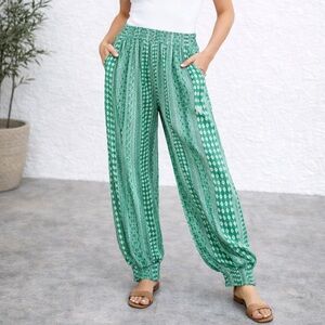 NEW SHEIN LUXE Plus Geo Print Tassel Tie Waist Pants